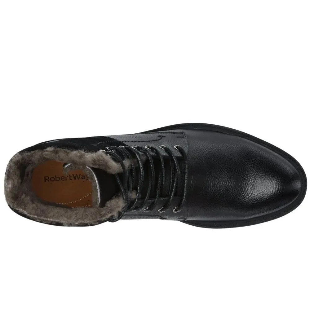 Robert Wayne Men’s Black Leather Faux Fur Lined Lace Up Ankle Boots
